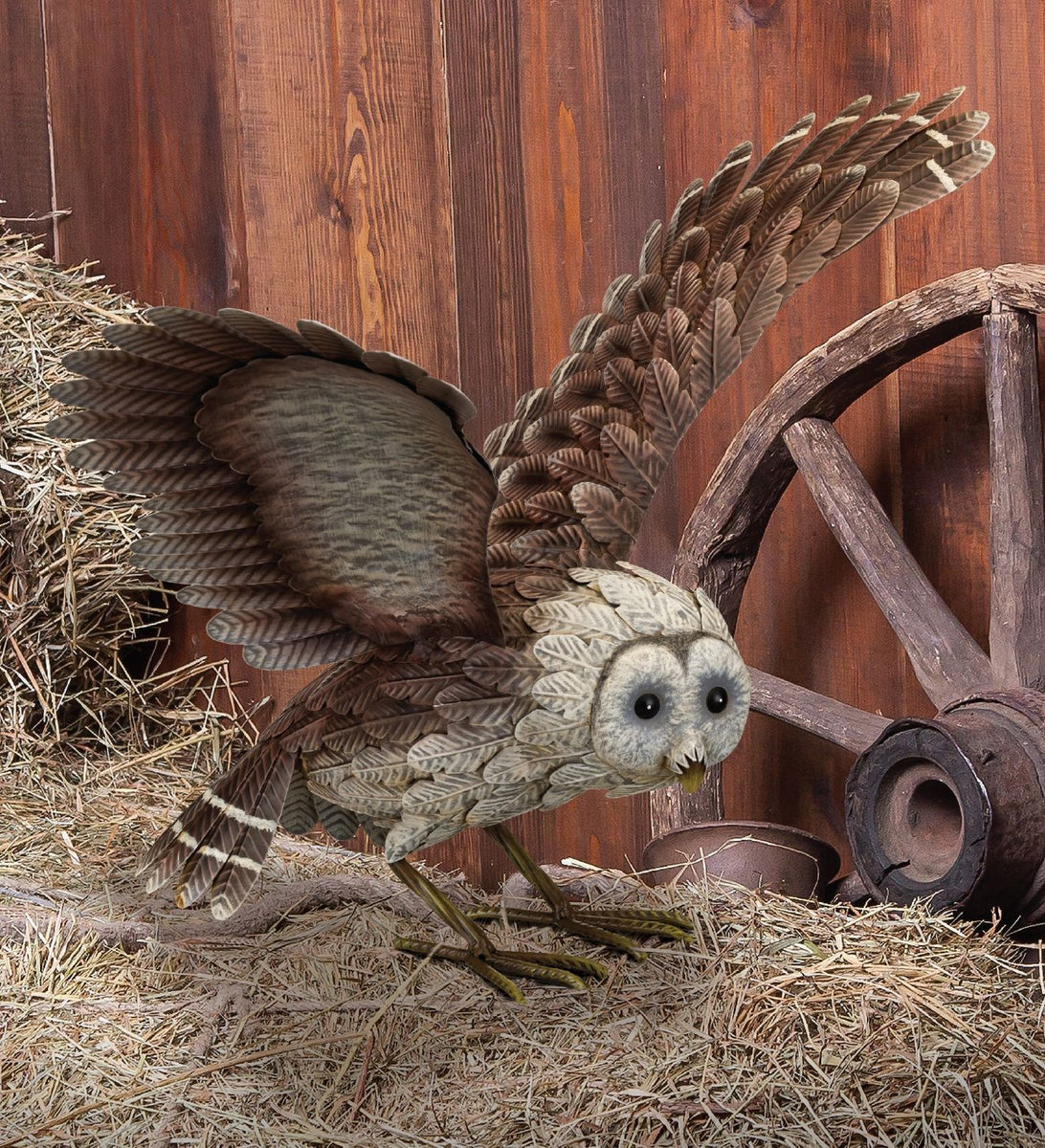 Metal Barn Owl Statue with Wings Up Sunny with Thunderstorms