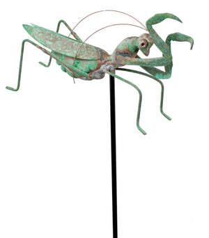 Rustic Metal Praying Mantis Garden Stake with Green Patina