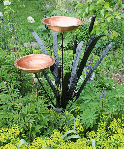 Double Copper Bowl Cattail Bird Bath