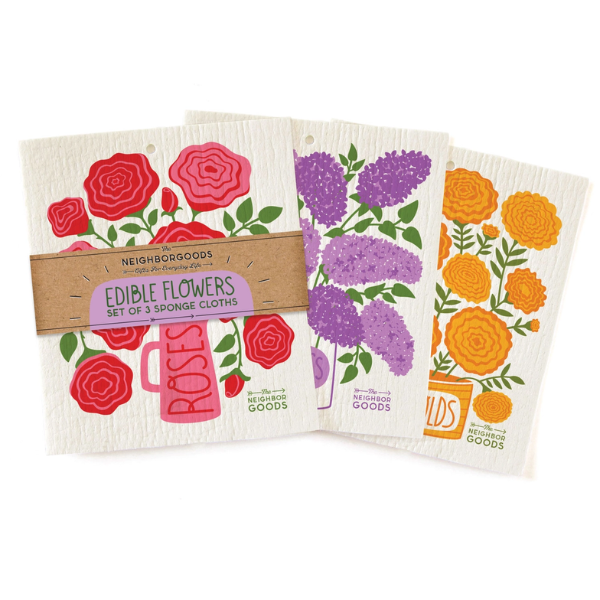 "Edible Flowers" Sponge Cloth Set of 3- Lilac, Marigold & Rose