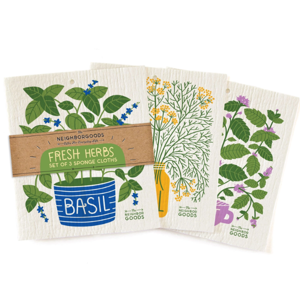 "Fresh Herbs" Sponge Cloth Set of 3- Basil, Dill & Mint