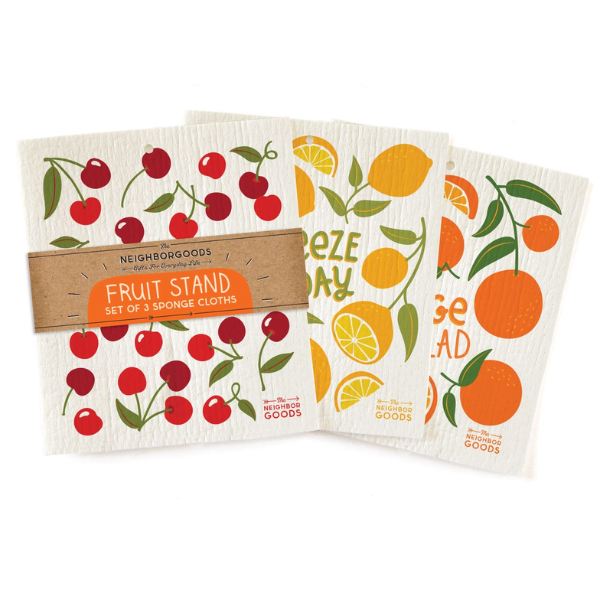 "Fruit Stand" Sponge Cloth Set of 3- Lemon, Orange & Cherry