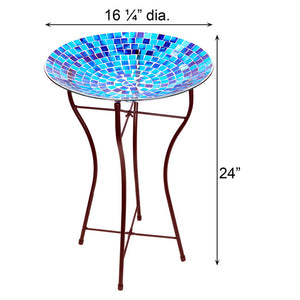 Glass Mosaic Bird Bath with Steel Stand, Blue