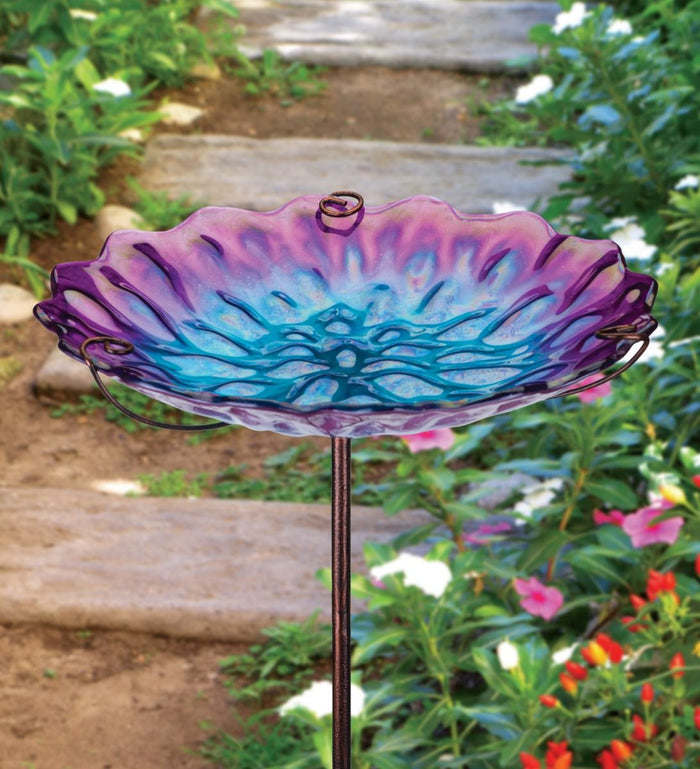 Honeycomb Glass Bowl Bird Bath/Feeder on Stake