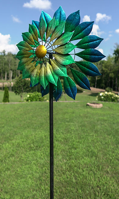 Blue and Green Flower Kinetic Monterey Wind Spinner - 93" H