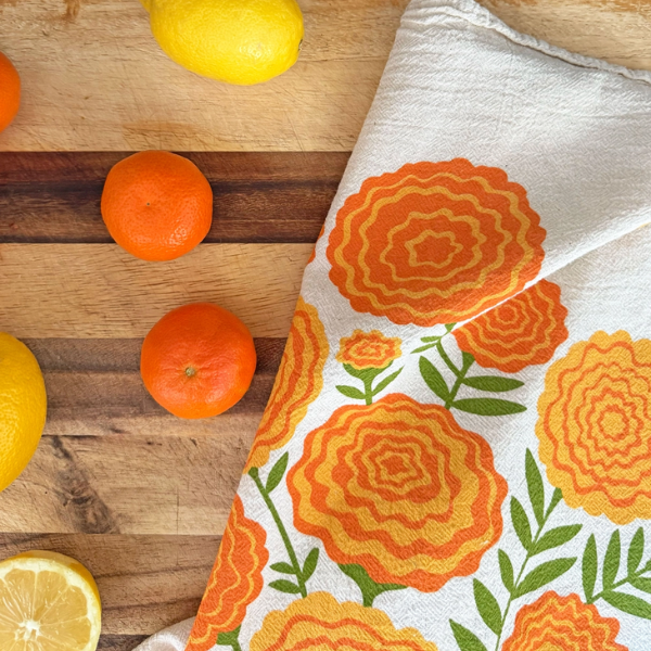 "Mari Berry" Tea Towels Set of 2- Marigolds & Strawberries
