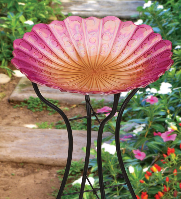 Scalloped Shell Art Glass Bowl Bird Bath with Stand