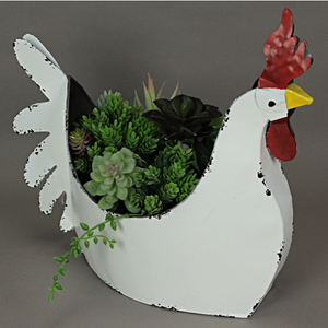 Rustic White Galvanized Metal Rooster Planter