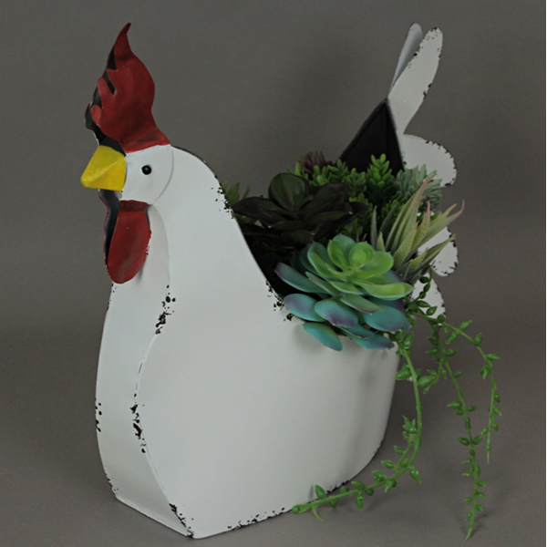 Rustic White Galvanized Metal Rooster Planter