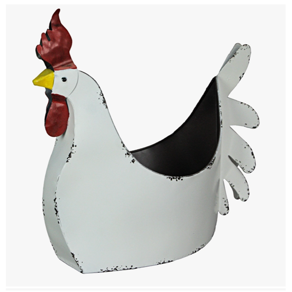 Rustic White Galvanized Metal Rooster Planter