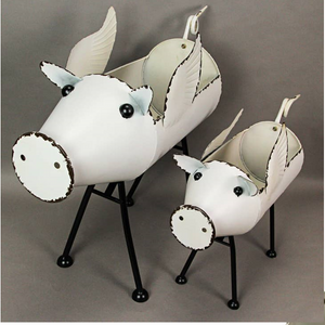 White Galvanized Metal Flying Pig Standing Planters - Set of Two