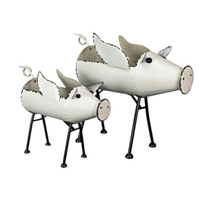 White Galvanized Metal Flying Pig Standing Planters - Set of Two