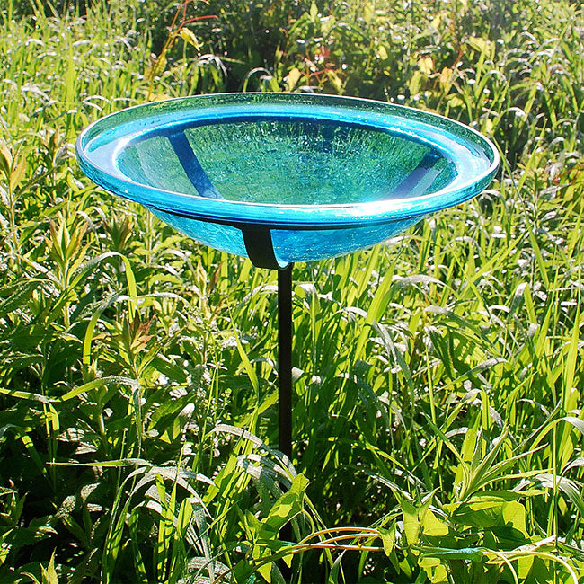 Crackled Glass Bird Bath with Cradle and Stake - Teal