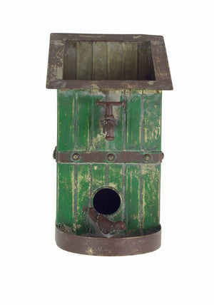 Metal Bird House and Planter in One painted bright green with decorative water spigot and bird
