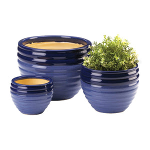 Blue Duo-Tone Ceramic Planter Trio with plant