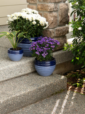 Blue Duo-Tone Ceramic Planter Trio on porch