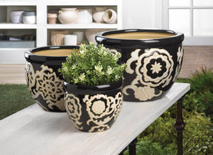 Black and white Floral Nights Ceramic Planter Trio on table