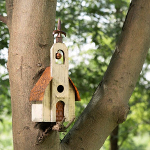 Rustic Church Bird House with Bell in Tree