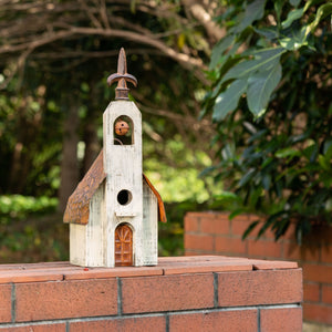 Rustic Church Bird House on Ledge of patio