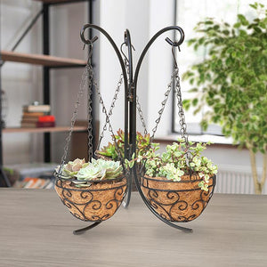 Tabletop Planter Stand with three mini hanging baskets on table indoors