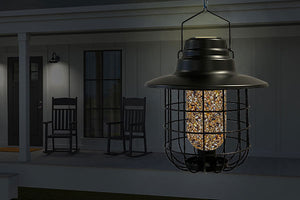 Modern Farmhouse Caged Lantern Bird Feeder and solar light illuminated
