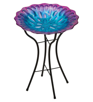 Honeycomb Glass Birdbath Purple and Blue with stand