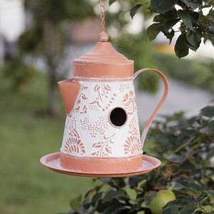 La Paz Painted Metal Coffee Pot Bird House with hanging chain
