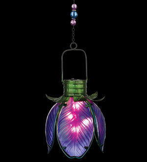 Purple Iris Solar Lantern Hanging Ornament in the dark