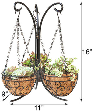Tabletop Planter Stand with three mini hanging baskets dimensions