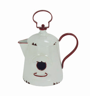 Sunny with Thunderstorms vintage inspired white and red Teapot Bird House
